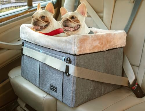 Petsfit Hundesitz Auto Rückbank Hunde Autositz für mittlere Hunde oder 2 kleine Hunde, Hundeautositz Vordersitz mit Waschbares Matte,2 Anschnallgurte und Aufbewahrungstasche,M,Grau von Petsfit