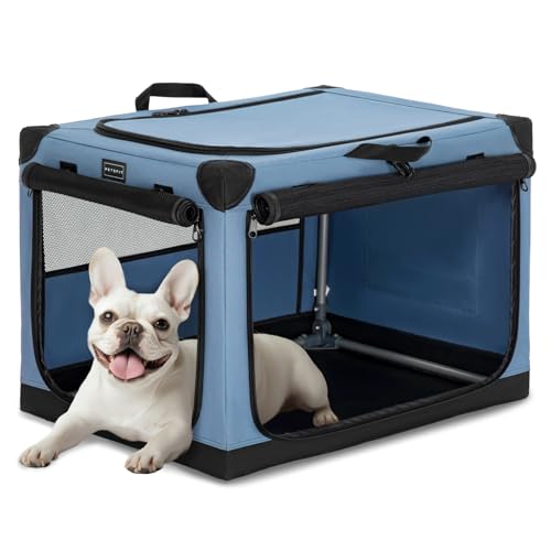 Petsfit Hundebox Auto für kleine Hunde Katze,Transportbox Hund Hundebox faltbar aus Stoff mit integriertem Aluminium Rahmen,Einstellbare Stoffbezug durch Spiralschlauch,Verstärkung Nähen, S, Blau von Petsfit