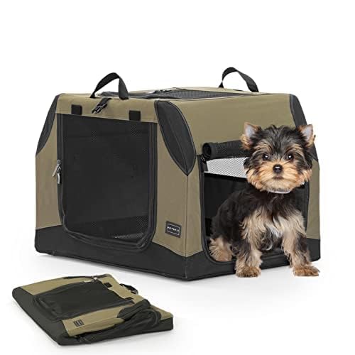 Petsfit Transportbox Hunde, Verstellbarer Stoffbezug für Kompatibilität, schräges Design geeignet für den Rücksitz und Kofferraum, Hundebox faltbar, verstärktes Netz gegen Kauen,Armeegrün,S von Petsfit