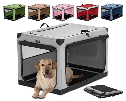 Petsfit Hundebox faltbar, Hundebox für zuhause Verstellbarer Stoffbezug mit Spiraleisenrohr, Hundebox Stoff Große Hunde mit 3 Tür-Design, Einfach zu Transportieren, Leicht zu Verstauen, L, Grau von Petsfit