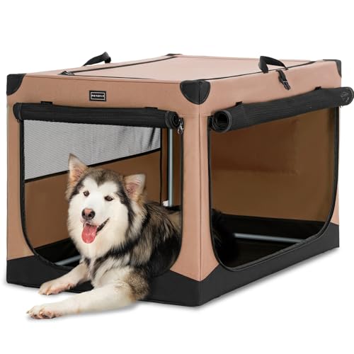 Petsfit Hundebox faltbar, Hundebox für zuhause Verstellbarer Stoffbezug mit Spiraleisenrohr, Hundebox Stoff Große Hunde mit 3 Tür-Design, Einfach zu Transportieren, Leicht zu Verstauen, XL, Khaki von Petsfit