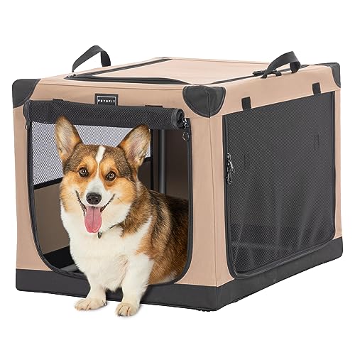 Petsfit Hundebox faltbar, Hundebox Auto Verstellbarer Stoffbezug, Hundebox für zuhause mittelgroße Hunde, Hundetransportbox mit 3 Tür-Design, Einfach zu Transportieren, M, Khaki von Petsfit