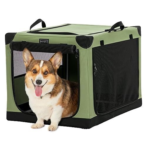 Petsfit Hundebox faltbar, Hundebox Auto Verstellbarer Stoffbezug, Hundebox für zuhause mittelgroße Hunde, Hundetransportbox mit 3 Tür-Design, Einfach zu Transportieren, M, Grün von Petsfit