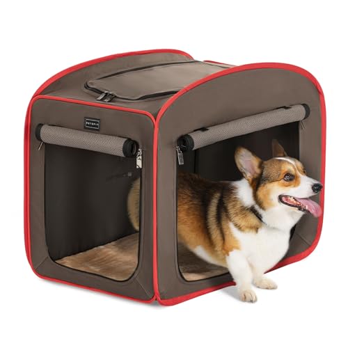 Petsfit Hundebox Pop-up-Design, für mittlere Hunde mit Plüschkissen und Aufbewahrungstasche, Hundetransportbox aus Stoff Schlafbox für Büro Wohnzimmer Hotel,Braun,68x45x55cm von Petsfit