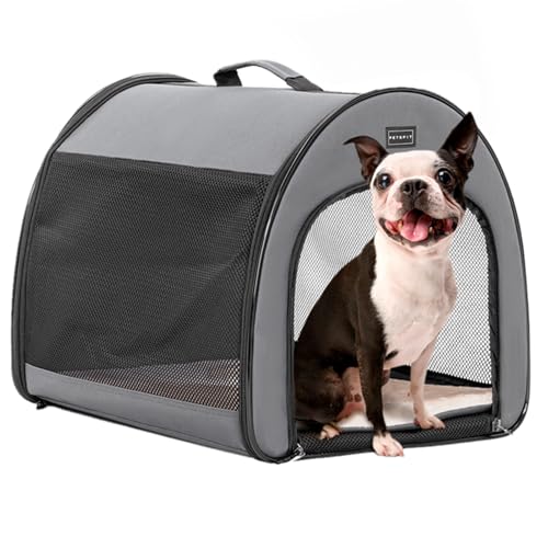 Petsfit Hundebox faltbar, tragbare & Atmungsaktive Hundebox für Zuhause mit Gewölbtem Design, Zimmerkennel Hund Hundeschlafbox mit Anti-Offener Reißverschluss und Plüschkissen,M, Grau von Petsfit