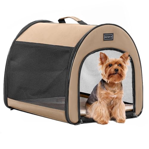 Petsfit Hundebox faltbar für kleine Hunde Katzen Kaninchen, Transportbox Hund Hundeschlafbox Leichte atmungsaktive mit Anti-offener Reißverschluss und Plüschkissen,S, Khaki von Petsfit