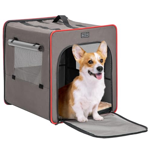 Petsfit Hundebox faltbar, mit 3 cm dicken Plüschmatte, Tragbare Transportbox Hund für mittlere Hunde, geeignet für die Reise,Braun,M 61x46x53.5cm von Petsfit