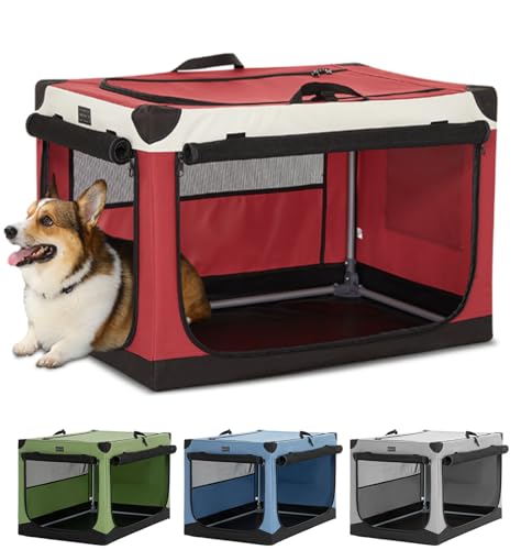 Petsfit Hundebox faltbar, Hundebox Auto Verstellbarer Stoffbezug, Hundebox für zuhause mittelgroße Hunde, Hundetransportbox mit 3 Tür-Design, Einfach zu Transportieren,M, Rot von Petsfit