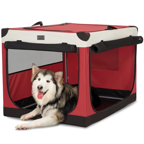 Petsfit Hundebox faltbar, Hundebox für zuhause Verstellbarer Stoffbezug mit Spiraleisenrohr, Hundebox Stoff Große Hunde mit 3 Tür-Design, Einfach zu Transportieren, Leicht zu Verstauen, XL, Rot von Petsfit