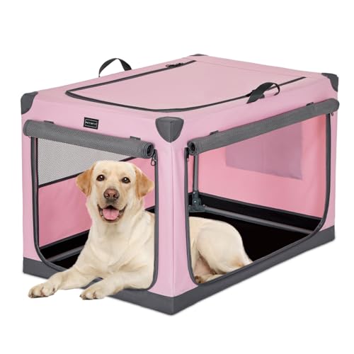 Petsfit Hundebox faltbar, Hundebox für zuhause Verstellbarer Stoffbezug mit Spiraleisenrohr, Hundebox Stoff Große Hunde mit 3 Tür-Design, Einfach zu Transportieren, Leicht zu Verstauen, L, Rosa von Petsfit