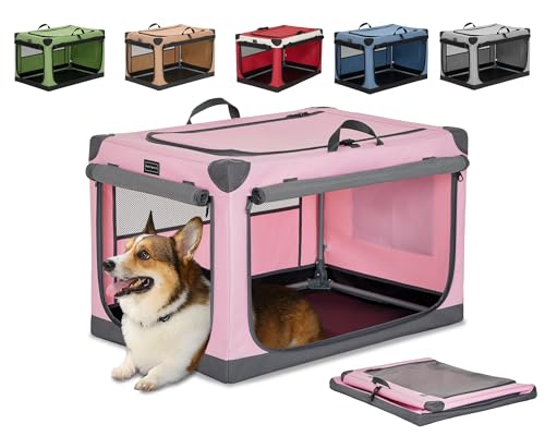 Petsfit Hundebox faltbar, Hundebox Auto Verstellbarer Stoffbezug, Hundebox für zuhause mittelgroße Hunde, Hundetransportbox mit 3 Tür-Design, Einfach zu Transportieren, M, Rosa von Petsfit