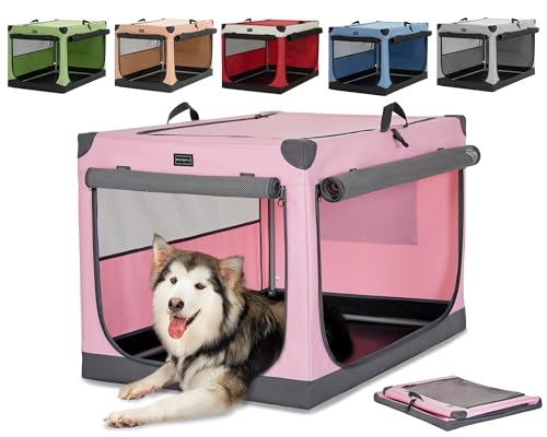 Petsfit Transportbox Hund, Verstellbarer Stoffbezug mit Spiraleisenrohr, Zusammenklappbare Hundebox Große Hunde mit 3 Tür-Design, Einfach zu Transportieren, Leicht zu Verstauen, XL, Rosa von Petsfit