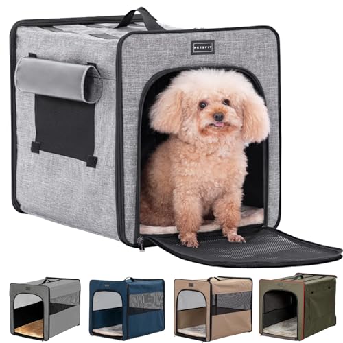 Petsfit faltbar Hundebox, aus kratzfestem Stoff, Hundebox Auto Hundetransportbox für kleine Hunde mit Plüschkissen & Aufbewahrungstasche,Grau,S 53x38x46cm von Petsfit