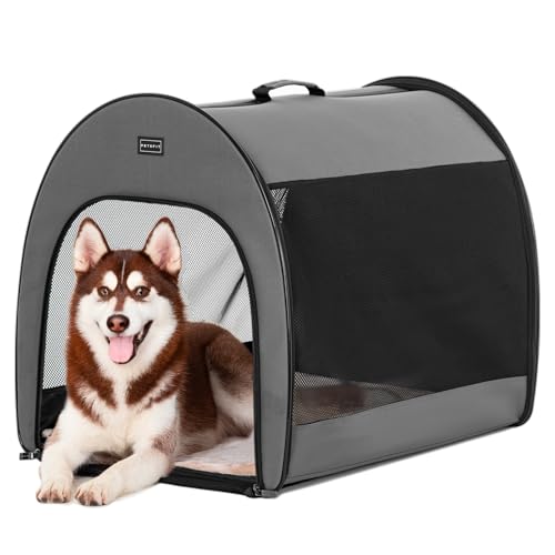 Petsfit Hundebox faltbar, tragbare & Atmungsaktive Hundebox für Zuhause mit Gewölbtem Design, Zimmerkennel Hund Hundeschlafbox mit Anti-Offener Reißverschluss und Plüschkissen,L, Grau von Petsfit