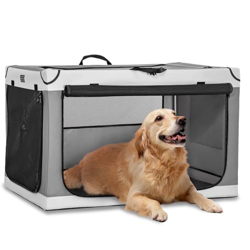 Petsfit Hundebox faltbar für große Hunde, Hundebox für Zuhause Zimmerkennel Hund Verstellbares Design Transportbox Hund, Reißfeste Netzfenster (L, Lichtgrau) von Petsfit