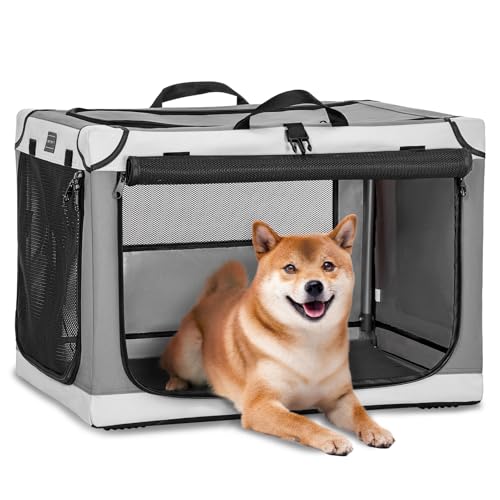 Petsfit Hundebox faltbar für mittlere Hunde, Hundebox für Zuhause Zimmerkennel Hund Verstellbares Design Transportbox Hund, Reißfeste Netzfenster(M, Lichtgrau) von Petsfit