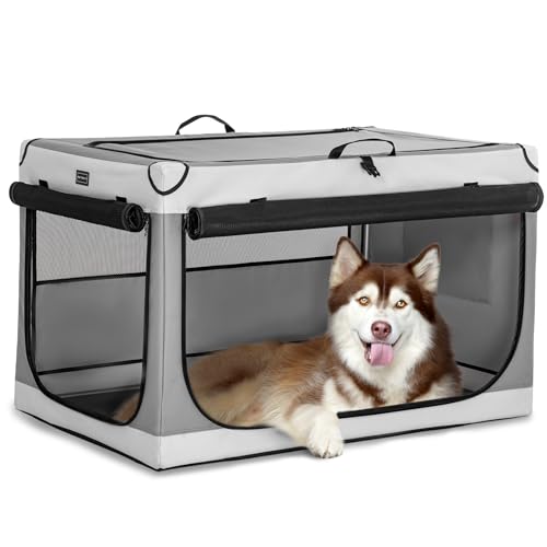 Petsfit Hundebox faltbar für große Hunde, Zimmerkennel Hund Hundebox für Zuhause Verstellbares Design Hundetransportbox Auto, Reißfeste Netzfenster (XL, Lichtgrau) von Petsfit