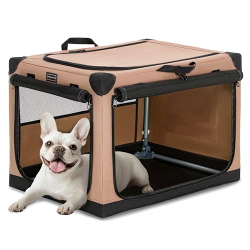 Petsfit Hundebox Auto für kleine Hunde Katze,Transportbox Hund Hundebox faltbar aus Stoff mit integriertem Aluminium Rahmen,Einstellbare Stoffbezug durch Spiralschlauch,Verstärkung Nähen, S, Khaki von Petsfit