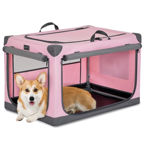 Petsfit Hundekäfige für mittelgroße Hunde, verstellbare Stoffabdeckung durch spiralförmiges Eisenrohr, verstärktes Nähgewebe, Hundebox mit 3 Türen, Design 76 x 50 x 48,5 cm, Rosa von Petsfit