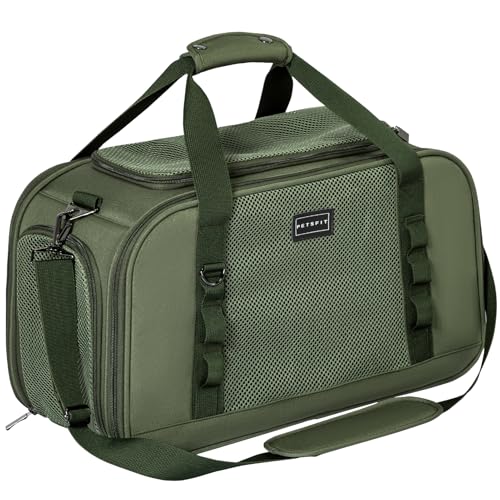 Petsfit Hundetasche Flugzeug Transportbox Hund Katze mit Decke Stabile Flugtasche Hunde mit Trolley-Hülse Olivgrün/49x23x28 cm von Petsfit