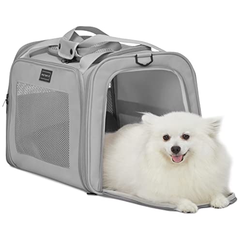 Petsfit Reisetasche für Hunde, Haustier-Tragetasche mit ausziehbarer Fleece-Haustiermatte, weiche Seiten, für kleine Hunde mit Sicherheitsleine, für Welpen bis zu 11,3 kg, 50 x 33 x 33 cm, Grau von Petsfit