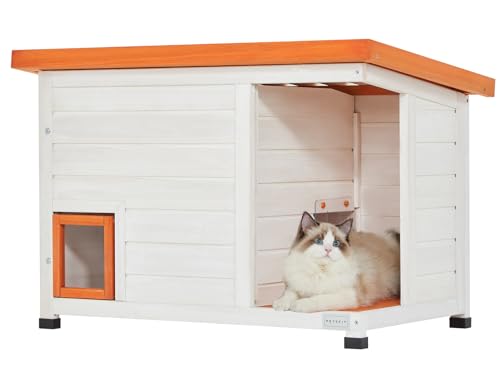 Petsfit Katzenhaus für den Außenbereich, wetterfest, für 1–2 Katzen, Größe 86,4 cm L x 45,7 cm B x 23 H, Holz außen Katzenhaus mit Corrido und Fluchtür von Petsfit