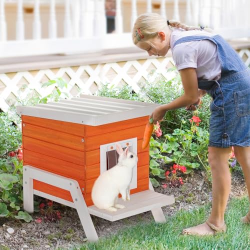 Petsfit Katzenhaus für draußen, PVC-Dach + Tür mit Vorhang + Fluchtür, zweistöckiges Katzenhaus aus Holz für den Außenbereich (66 cm L x 45,7 cm B x 58 cm H, Orange) von Petsfit