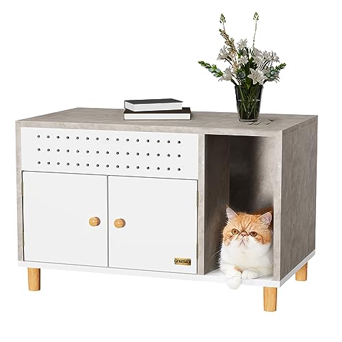 Petsfit Katzenschrank für Katzentoilette, versteckte Katzenklo Schrank Beistelltisch mit 2 Türen & Eingang und Belüftungslöchern,Moderne Katzenhaus für Katzen Hunde,weiß/grau von Petsfit