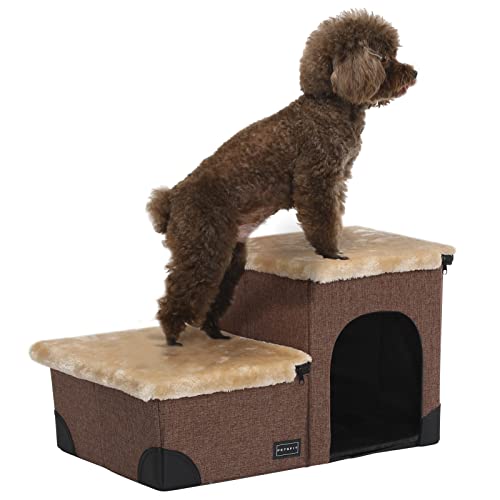 Petsfit Katzentreppe 3 in 1 Mehrzweck mit Stauraum, Hunde-Lounge-Design, Waschbar und Abnehmbar Rutschfester Fleece-Bezug Hundetreppe für Hochbetten, Braun Leinen von Petsfit