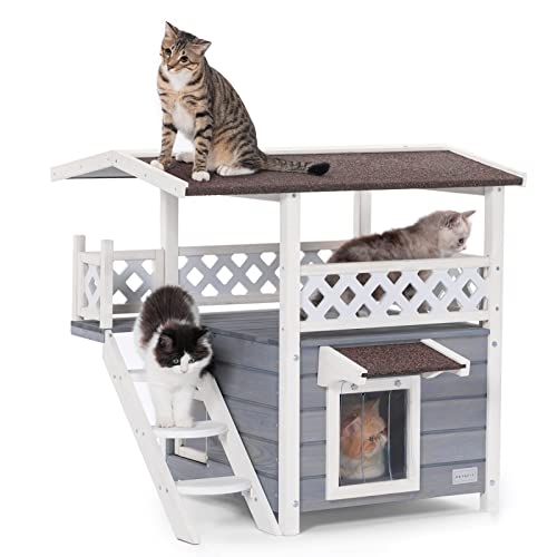 Petsfit Robustes Dach-Katzenhaus für Katzen im Freien, wetterfest, mit Fluchttür, Treppe oder Kratzbrett, 2-stöckiges Design, perfekt für mehrere Katzen, Katzenhaus für draußen, Grau von Petsfit