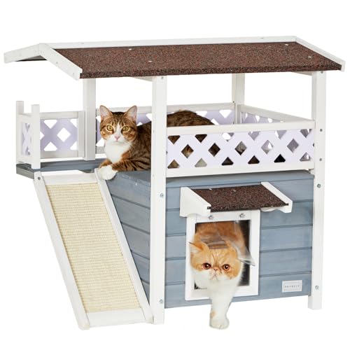 Petsfit Robustes Dach-Katzenhaus für den Außenbereich, wetterfest, mit Fluchttür, Treppe oder Kratzbrett, 2-stöckiges Design, perfekt für mehrere Katzen, Außenkatzenhaus grau von Petsfit