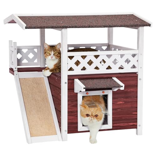 Petsfit Robustes Dach-Katzenhaus für den Außenbereich, wetterfest, mit Fluchttür, Treppe oder Kratzbrett, 2-stöckiges Design, perfekt für mehrere Katzen, Außenkatzenhaus rot von Petsfit