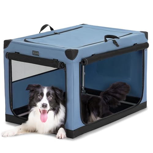 Petsfit Tragbare Hundehütte, 91,4 cm, verstellbare Stoffabdeckung durch spiralförmiges Eisenrohr, kaufest, 3-Tür-Design, weich, zusammenklappbar, Blau von Petsfit