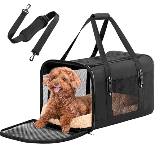 Petsfit Tragetasche Katze mit Sicherheitsgurtschnalle Hunde Transporttasche mit weichen Kissen, Reisetasche Auto für Katzen und Hunde, Schwarz von Petsfit