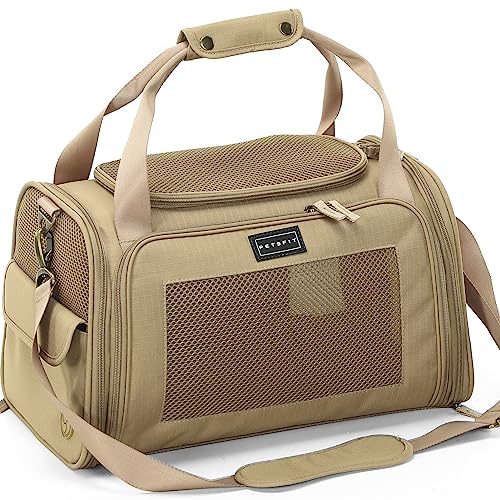 Petsfit Transportbox Hund Katze Faltbar Hundetasche für kleine Hunde Katzen Tragetasche mit verstellbarem Schultergurt & weiches expandierbare Kissen, M/Khaki von Petsfit