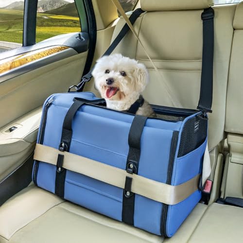 Petsfit Transportbox Katze Hundebox Auto Katzentransportbox Transportbox Hund - Faltbare Tragetasche mit 2 Patent-Schnallen für Autositz, 4-seitigem Netz & Abnehmbarem Kissen, L/Blau von Petsfit