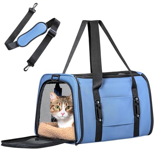 Petsfit Transporttasche Katze mit 2 Schnallen für den Sicherheitsgurt des Autos, Katzentasche für Auto, Reisetasche faltbar mit Kissen, Katzentasche aus 4-seitigem Netz von Petsfit