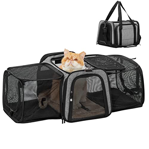 Petsfit Transporttasche Katze und Hunde, Faltbare Katzentransportbox Hundetasche Atmungsaktive Flugtasche für Haustiere im Auto Flugzeug oder in der Bahn (M/Doppelseitig, Grau Schwarz) von Petsfit