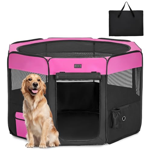 PETSFIT faltbar Welpenauslauf Tierlaufstall für Kleintiere Hunde Katzen,Hundelaufstall Freigehege mit Wasserdichter Boden,Pop-up System Kausicheres Design,Rosarot/Schwarz,116 * 106 * 70cm von Petsfit