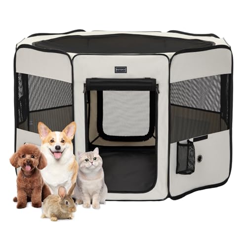 Petsfit Welpenauslauf Tierlaufstall faltbar Welpenlaufstall Pop-Up für Hunde Hasen Katzen,Freilaufgehege mit Zip-Sicherungen, Abnehmbares Ober- und Unterteil,M,Beige & Schwarz von Petsfit