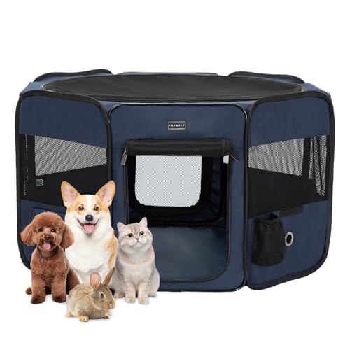 Petsfit Welpenauslauf Tierlaufstall faltbar Welpenlaufstall Pop-Up für Hunde Hasen Katzen,Freilaufgehege mit Zip-Sicherungen, Abnehmbares Ober- und Unterteil,M,Dunkelblau & Schwarz von Petsfit