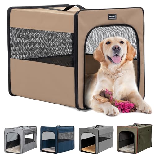 Petsfit Hundebox faltbar, Hundebox für zuhause Hundetransportbox Faltbare Hundebox große Hunde, robust, leicht, sicher mit 3 cm dicken Plüschmatte,Khaki,L 79x53.5x66cm von Petsfit