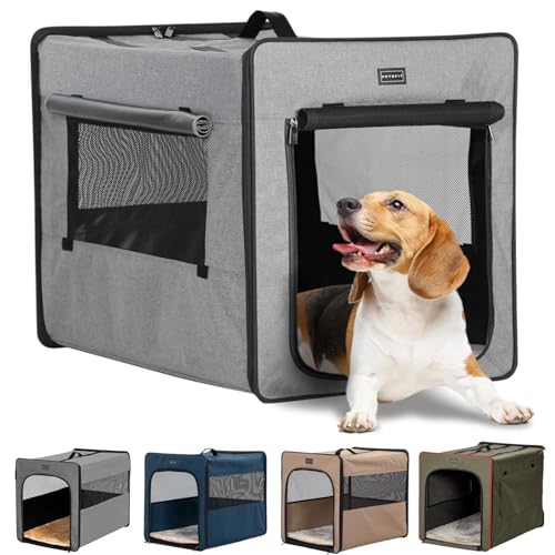 Petsfit Hundebox faltbar, mit 3 cm dicken Plüschmatte, Tragbare Transportbox Hund für mittlere Hunde, geeignet für die Reise,Hellgrau,M 61x46x53.5cm von Petsfit