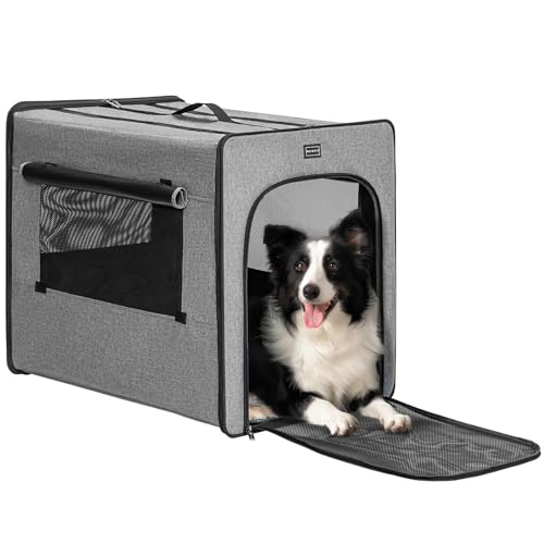 Petsfit Hundetransportbox, mit 3 cm dicken Plüschmatte, tragbare Transportbox Hund für große Hunden, geeignet für den Innen und Außenbereich,Hellgrau,L 79x53.5x66cm von Petsfit