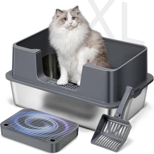 Katzentoilette aus Edelstahl mit Deckel, hohe Seiten Metall-Katzentoilette geschlossen, XL Extra große Katzentoilette mit Filterpedal und Schaufel-Reinigungsbürste, einfache Reinigung, Anti-Auslaufen, von Petsinurarea