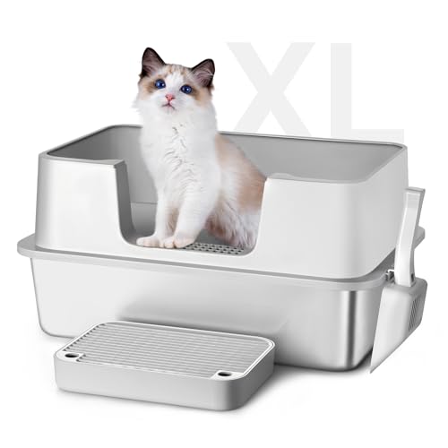 Petsinurarea Katzentoilette aus Edelstahl mit Deckel, XL Katzentoiletten für große Katzen, 61 cm L x 39,9 cm B x 30,5 cm H, extra große Metall-Katzentoilette, Anti-Auslauf, antihaftbeschichtet, kein von Petsinurarea