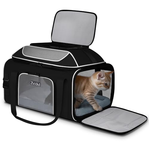 Petskd Top-erweiterbare Haustier-Tragetasche, 48,3 x 33 x 22,9 cm, Southwest Allegiant Airlines genehmigt, weiche Tragetasche für kleine Hunde unter 6,8 kg und große Katzen unter 9 kg, Schwarz von Petskd