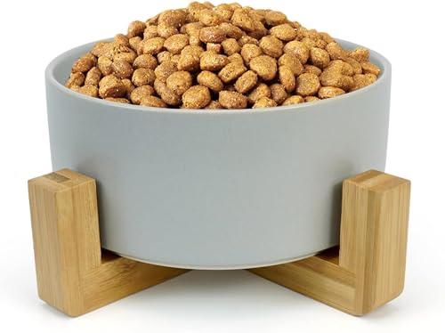 Keramik Hundenapf mit Bambusboden und Rutschfester Matte Hundenapf Grosse Hunde für alle Katzen oder mittelgroße bis große Hunde (Grau, 400 ml) von Petsnackss