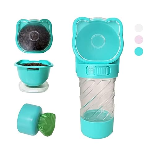 Petsoigné 3 in 1 Haustier Wasserflasche Futterbehälter Müllsackbehälter Reise Tragbar Multifunktionale Trinkflasche Hund und Katzen Unterwegs (Blau) von Petsoigné