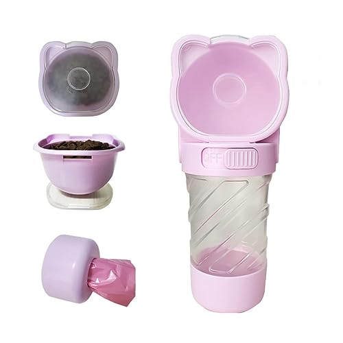 Petsoigné 3 in 1 Haustier Wasserflasche Futterbehälter Müllsackbehälter Reise Tragbar Multifunktionale Trinkflasche Hund und Katzen Unterwegs (Rose) von Petsoigné